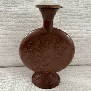 Vintage Hand Crafted Embossed Floral Fish Circular Chessnut Color 12" Metal Vase